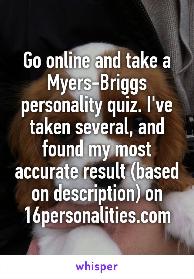 Go online and take a Myers-Briggs personality quiz. I've taken several, and found my most accurate result (based on description) on 16personalities.com