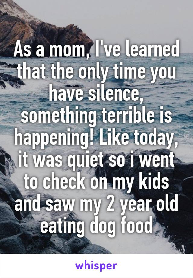 As a mom, I've learned that the only time you have silence, something terrible is happening! Like today, it was quiet so i went to check on my kids and saw my 2 year old eating dog food