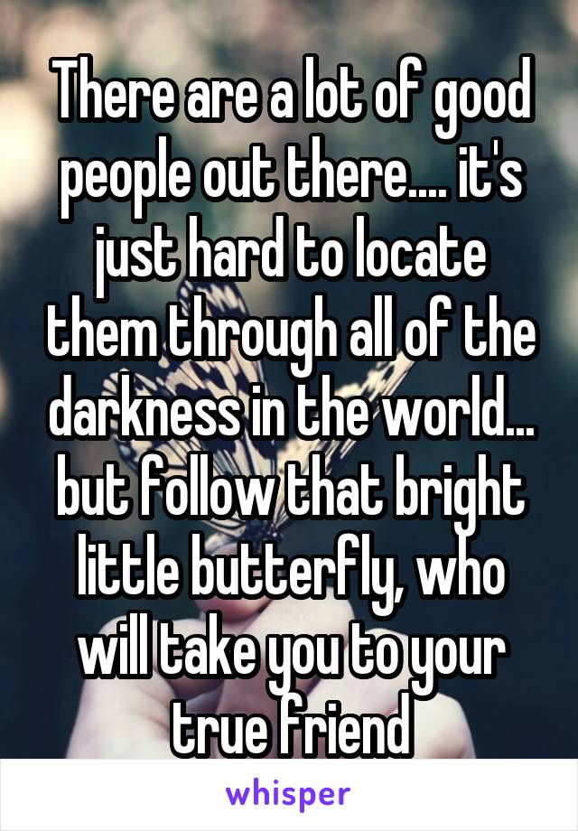 There are a lot of good people out there.... it's just hard to locate them through all of the darkness in the world... but follow that bright little butterfly, who will take you to your true friend