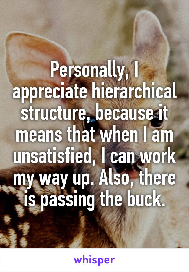 Personally, I appreciate hierarchical structure, because it means that when I am unsatisfied, I can work my way up. Also, there is passing the buck.