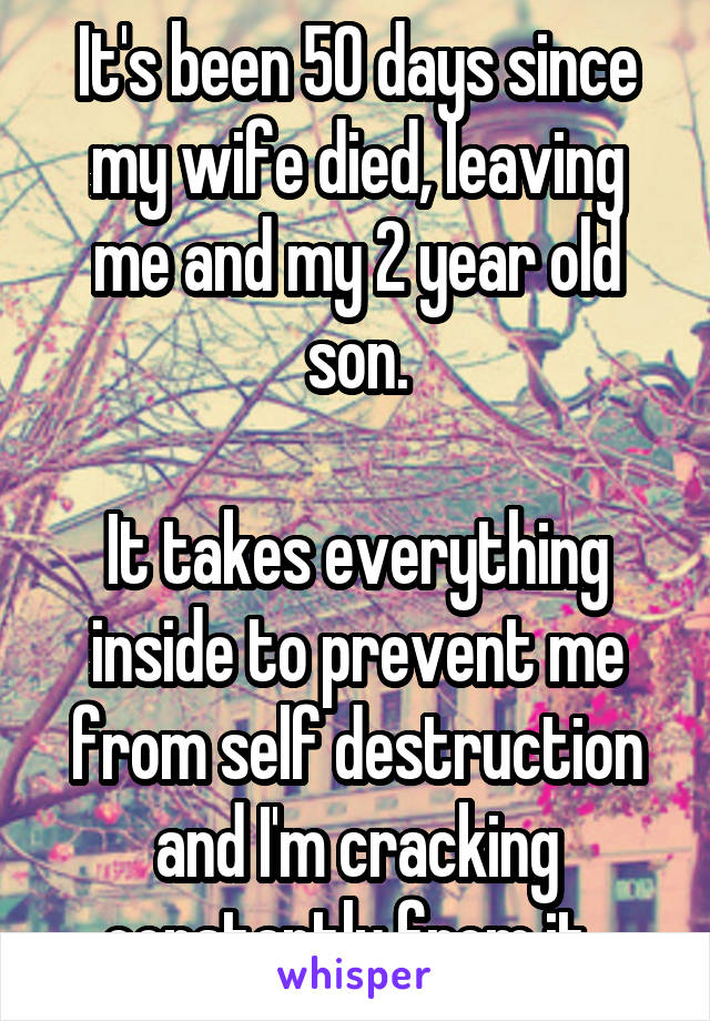 It's been 50 days since my wife died, leaving me and my 2 year old son.

It takes everything inside to prevent me from self destruction and I'm cracking constantly from it. 
