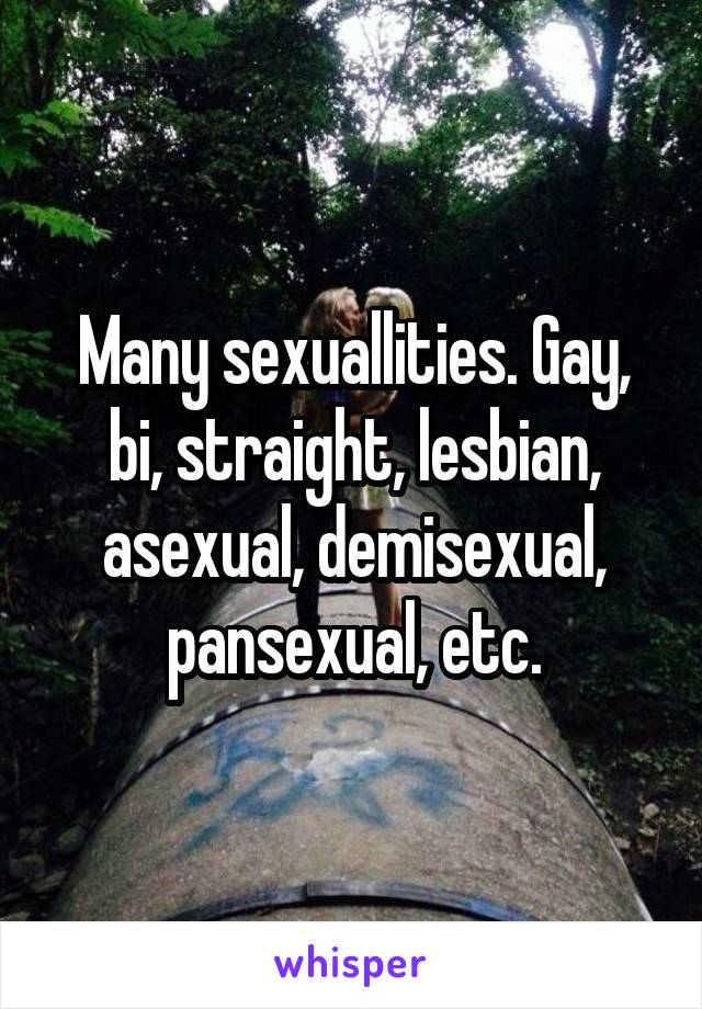 Many sexuallities. Gay, bi, straight, lesbian, asexual, demisexual, pansexual, etc.
