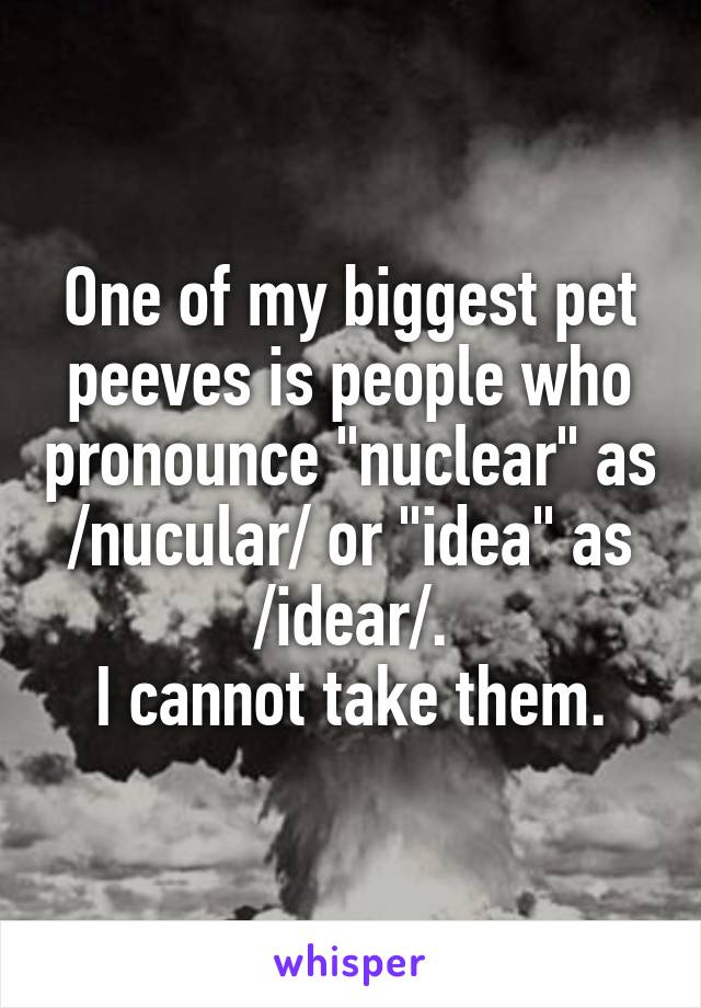 One of my biggest pet peeves is people who pronounce "nuclear" as /nucular/ or "idea" as /idear/.
I cannot take them.