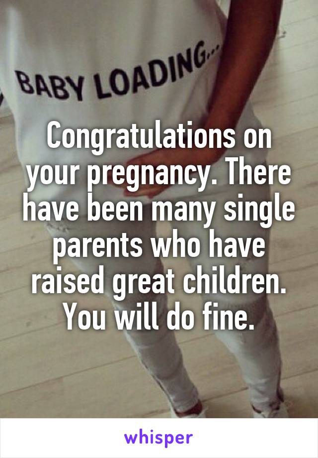 Congratulations on your pregnancy. There have been many single parents who have raised great children. You will do fine.