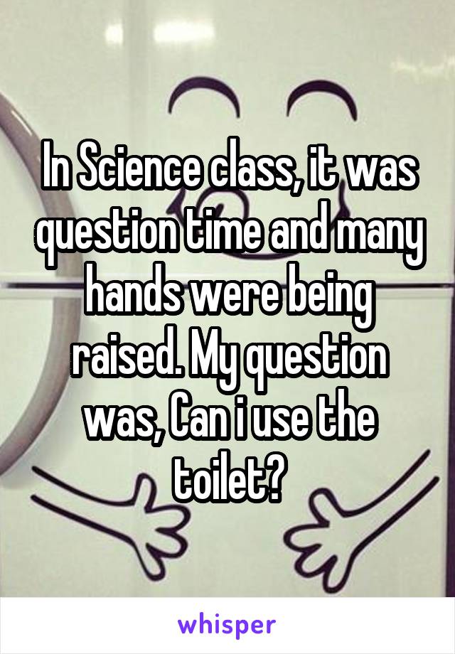 In Science class, it was question time and many hands were being raised. My question was, Can i use the toilet?