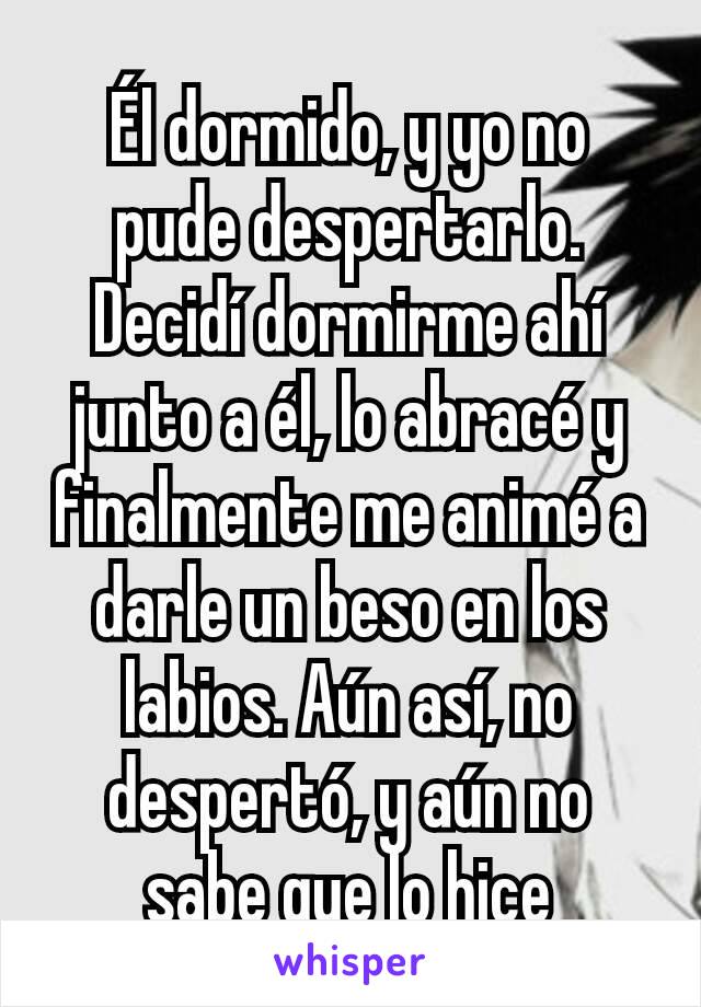 Él dormido, y yo no pude despertarlo. Decidí dormirme ahí junto a él, lo abracé y finalmente me animé a darle un beso en los labios. Aún así, no despertó, y aún no sabe que lo hice