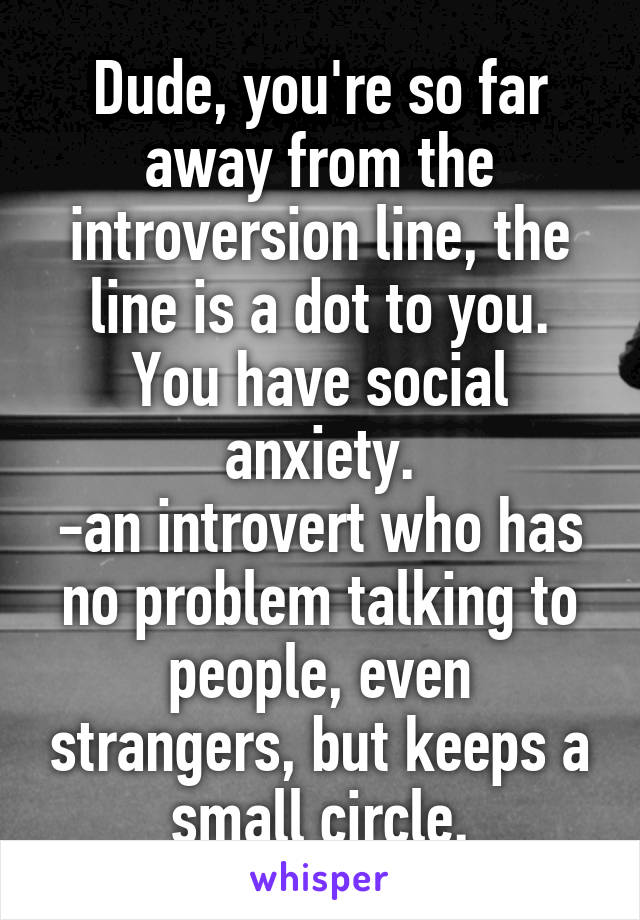 Dude, you're so far away from the introversion line, the line is a dot to you. You have social anxiety.
-an introvert who has no problem talking to people, even strangers, but keeps a small circle.