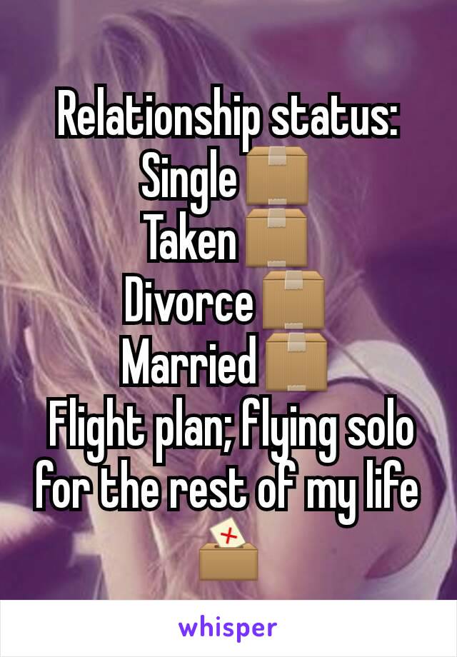 Relationship status:
Single📦
Taken📦
Divorce📦
Married📦
 Flight plan; flying solo for the rest of my life🗳