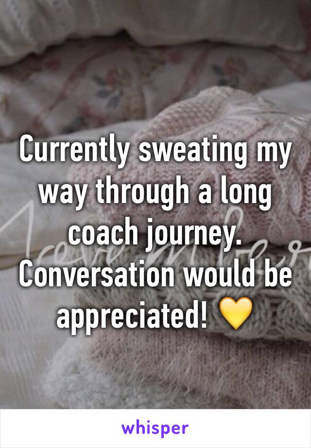 Currently sweating my way through a long coach journey. Conversation would be appreciated! 💛