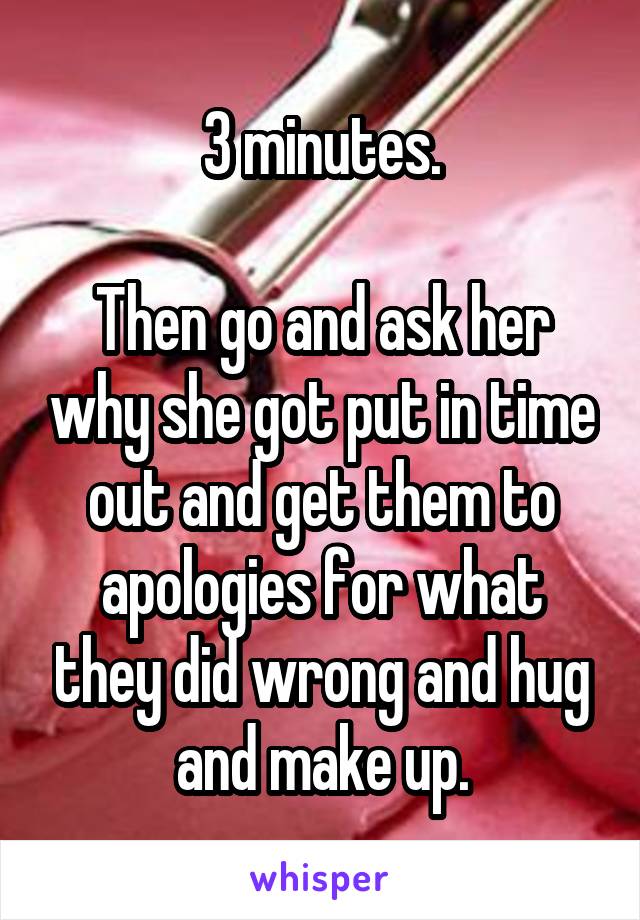 3 minutes.

Then go and ask her why she got put in time out and get them to apologies for what they did wrong and hug and make up.