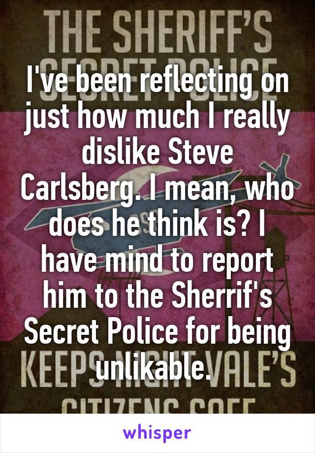 I've been reflecting on just how much I really dislike Steve Carlsberg. I mean, who does he think is? I have mind to report him to the Sherrif's Secret Police for being unlikable. 