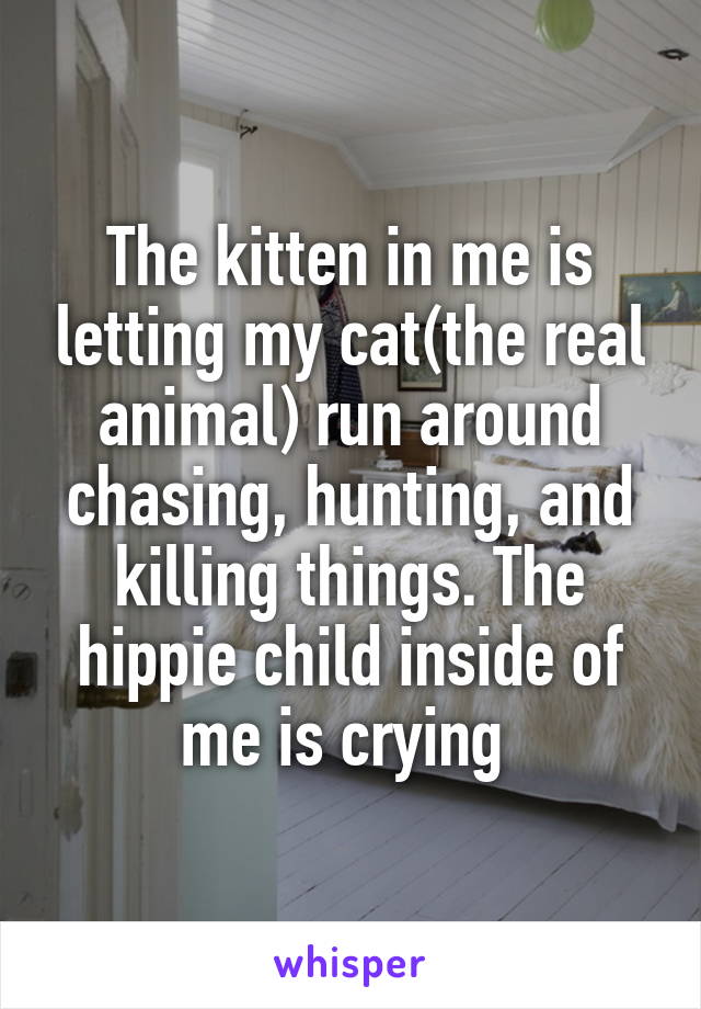 The kitten in me is letting my cat(the real animal) run around chasing, hunting, and killing things. The hippie child inside of me is crying 