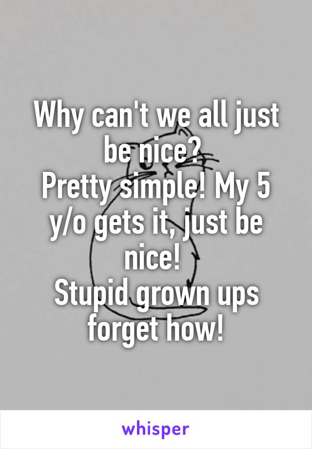 Why can't we all just be nice? 
Pretty simple! My 5 y/o gets it, just be nice! 
Stupid grown ups forget how!