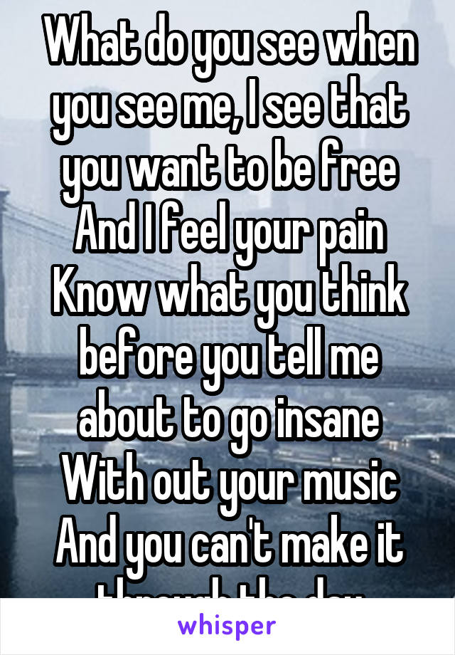 What do you see when you see me, I see that you want to be free And I feel your pain
Know what you think before you tell me about to go insane
With out your music
And you can't make it through the day