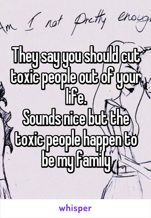 They say you should cut toxic people out of your life.
Sounds nice but the toxic people happen to be my family