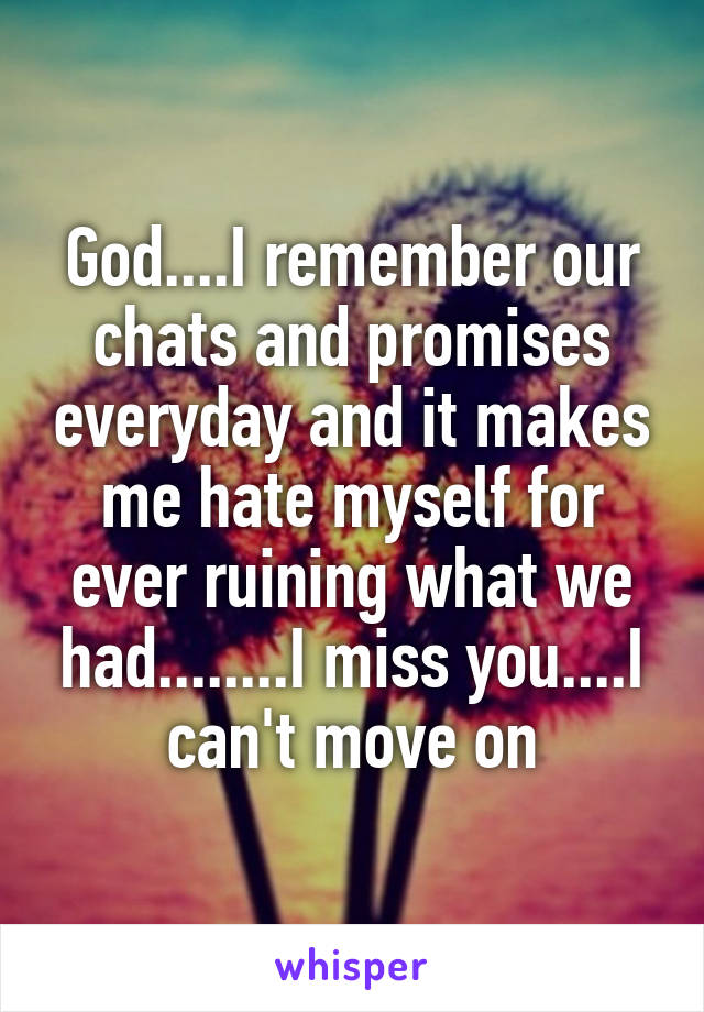 God....I remember our chats and promises everyday and it makes me hate myself for ever ruining what we had........I miss you....I can't move on