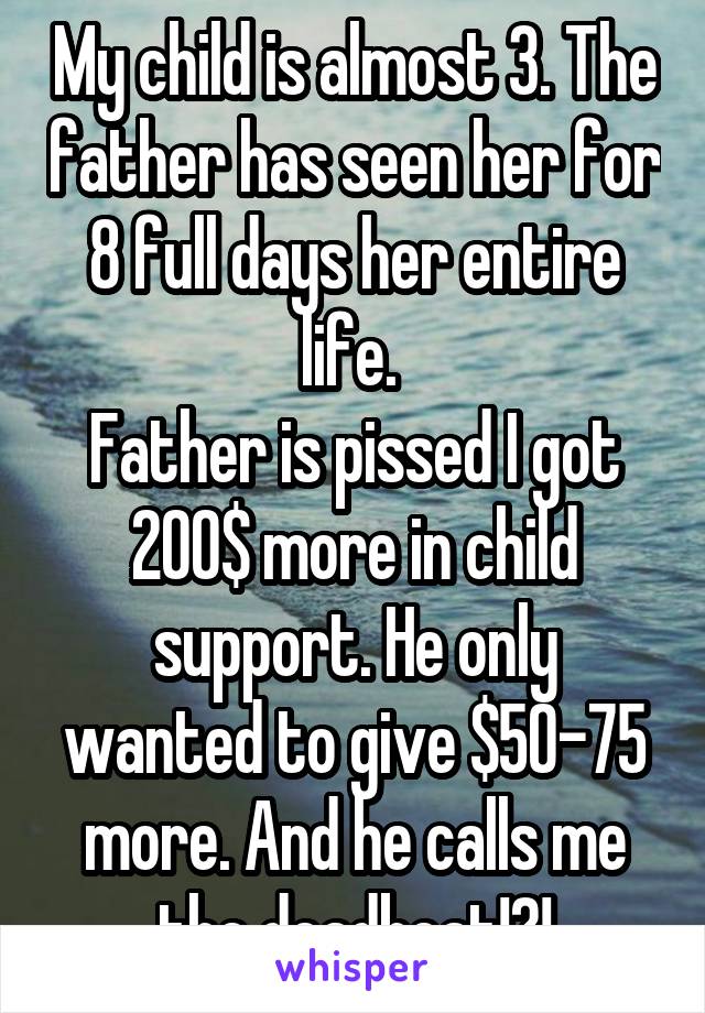 My child is almost 3. The father has seen her for 8 full days her entire life. 
Father is pissed I got 200$ more in child support. He only wanted to give $50-75 more. And he calls me the deadbeat!?!