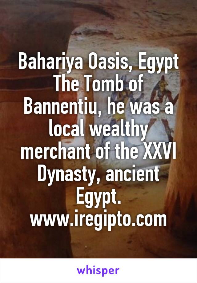 Bahariya Oasis, Egypt
The Tomb of Bannentiu, he was a local wealthy merchant of the XXVI Dynasty, ancient Egypt.
www.iregipto.com