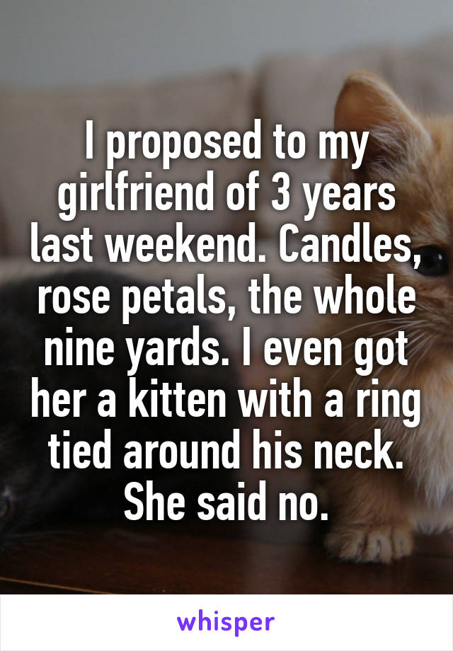 I proposed to my girlfriend of 3 years last weekend. Candles, rose petals, the whole nine yards. I even got her a kitten with a ring tied around his neck. She said no.