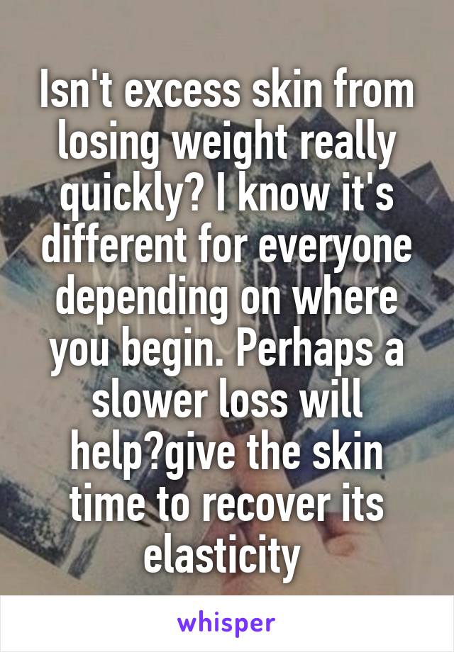 Isn't excess skin from losing weight really quickly? I know it's different for everyone depending on where you begin. Perhaps a slower loss will help?give the skin time to recover its elasticity 