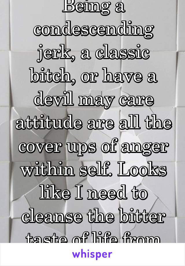 Being a condescending jerk, a classic bitch, or have a devil may care attitude are all the cover ups of anger within self. Looks like I need to cleanse the bitter taste of life from my soul.