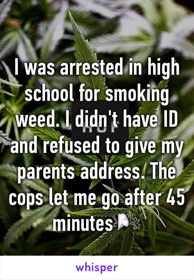 I was arrested in high school for smoking weed. I didn't have ID and refused to give my parents address. The cops let me go after 45 minutes 🌬