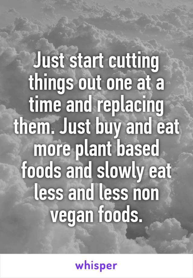 Just start cutting things out one at a time and replacing them. Just buy and eat more plant based foods and slowly eat less and less non vegan foods.