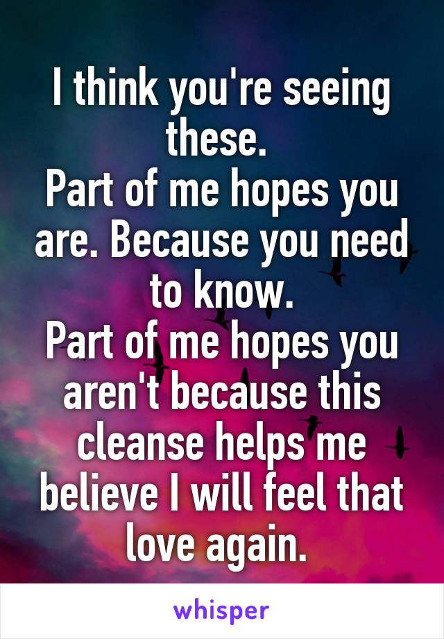 I think you're seeing these. 
Part of me hopes you are. Because you need to know.
Part of me hopes you aren't because this cleanse helps me believe I will feel that love again. 