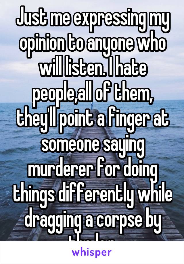 Just me expressing my opinion to anyone who will listen. I hate people,all of them, they'll point a finger at someone saying murderer for doing things differently while dragging a corpse by the leg.