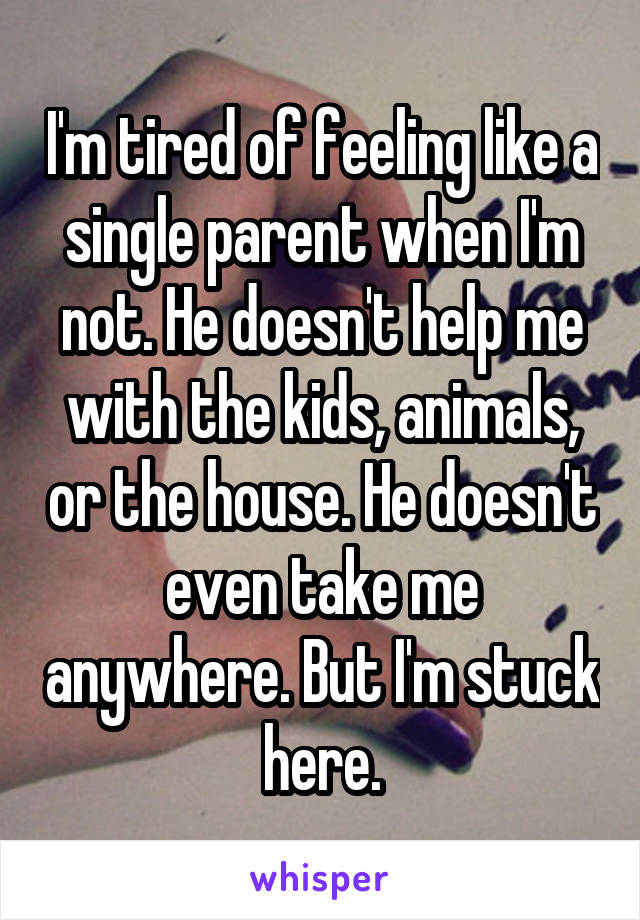 I'm tired of feeling like a single parent when I'm not. He doesn't help me with the kids, animals, or the house. He doesn't even take me anywhere. But I'm stuck here.