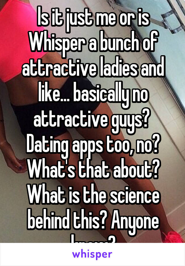 Is it just me or is Whisper a bunch of attractive ladies and like... basically no attractive guys? 
Dating apps too, no? What's that about? What is the science behind this? Anyone know?