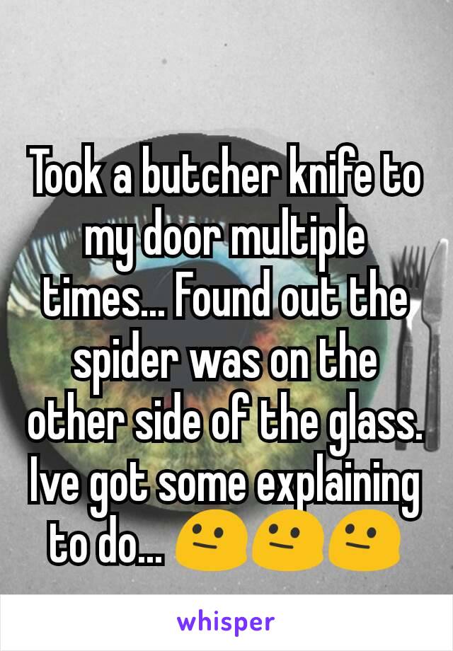 Took a butcher knife to my door multiple times... Found out the spider was on the other side of the glass. Ive got some explaining to do... 😐😐😐