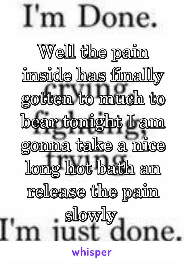 Well the pain inside has finally gotten to much to bear tonight I am gonna take a nice long hot bath an release the pain slowly 