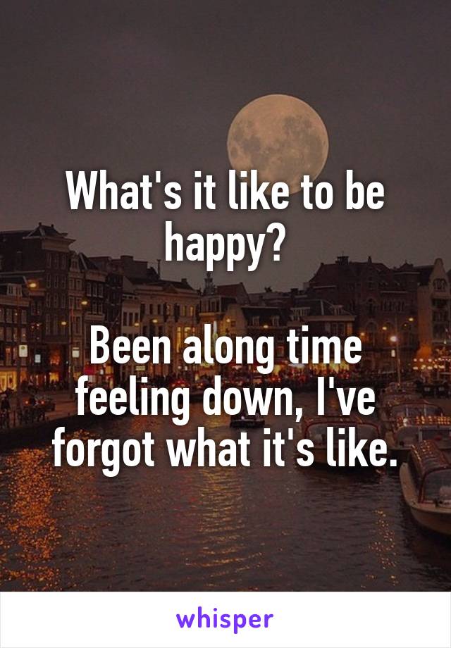 What's it like to be happy?

Been along time feeling down, I've forgot what it's like.