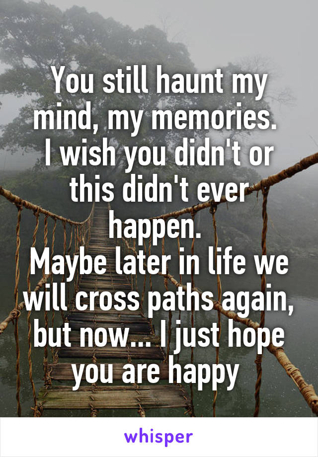 You still haunt my mind, my memories. 
I wish you didn't or this didn't ever happen. 
Maybe later in life we will cross paths again, but now... I just hope you are happy 