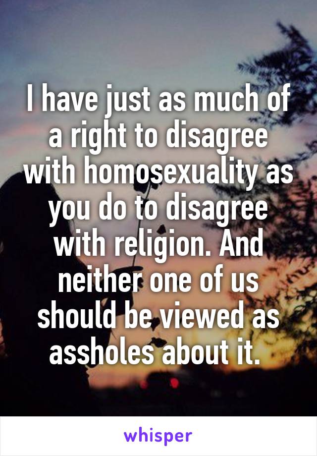 I have just as much of a right to disagree with homosexuality as you do to disagree with religion. And neither one of us should be viewed as assholes about it. 