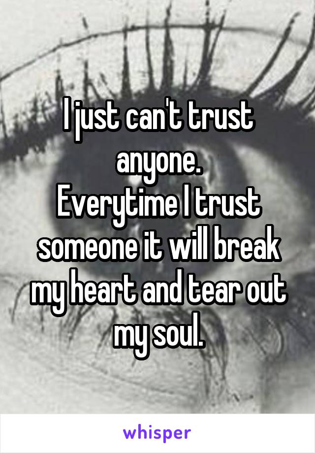 I just can't trust anyone.
Everytime I trust someone it will break my heart and tear out my soul.