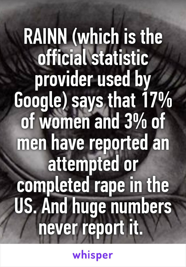 RAINN (which is the official statistic provider used by Google) says that 17% of women and 3% of men have reported an attempted or completed rape in the US. And huge numbers never report it. 