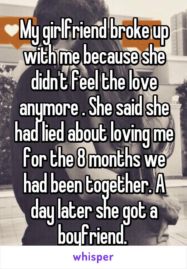 My girlfriend broke up with me because she didn't feel the love anymore . She said she had lied about loving me for the 8 months we had been together. A day later she got a boyfriend. 