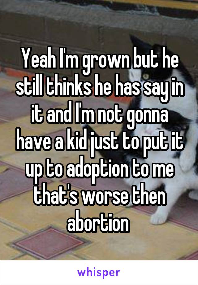 Yeah I'm grown but he still thinks he has say in it and I'm not gonna have a kid just to put it up to adoption to me that's worse then abortion 