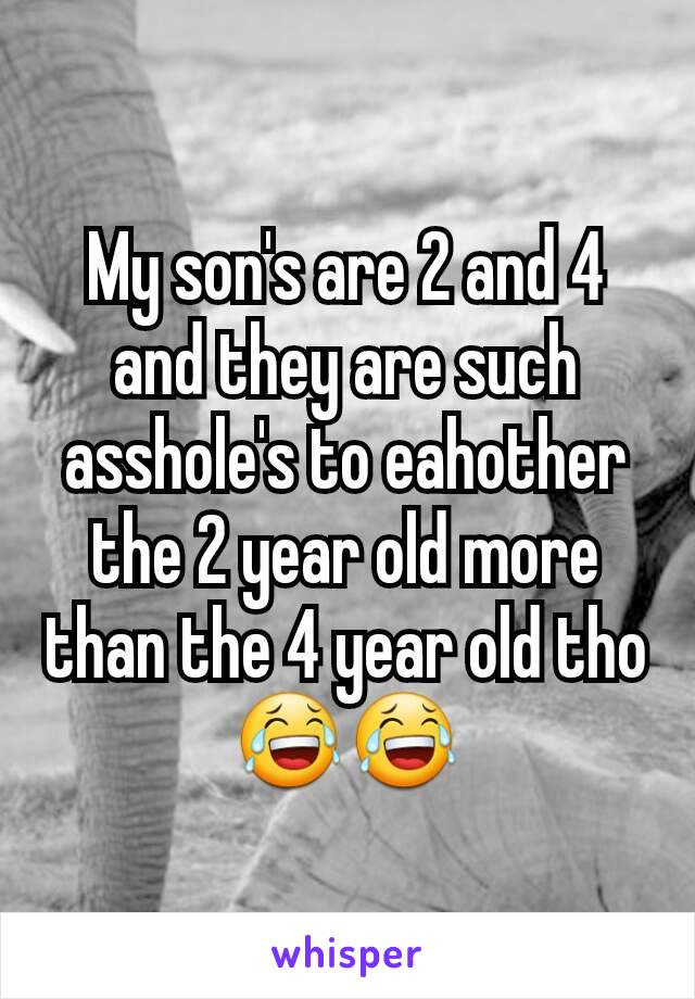 My son's are 2 and 4 and they are such asshole's to eahother the 2 year old more than the 4 year old tho 😂😂