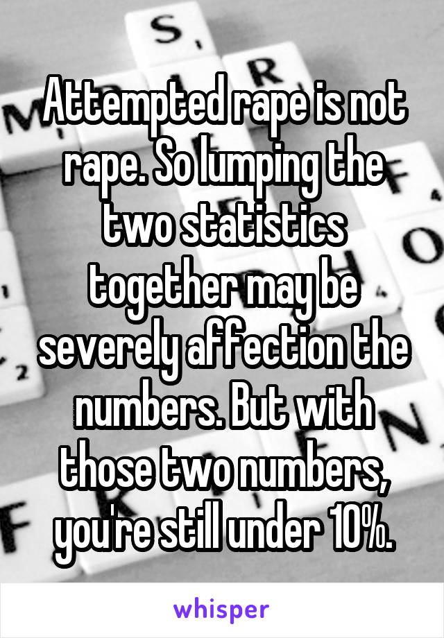 Attempted rape is not rape. So lumping the two statistics together may be severely affection the numbers. But with those two numbers, you're still under 10%.