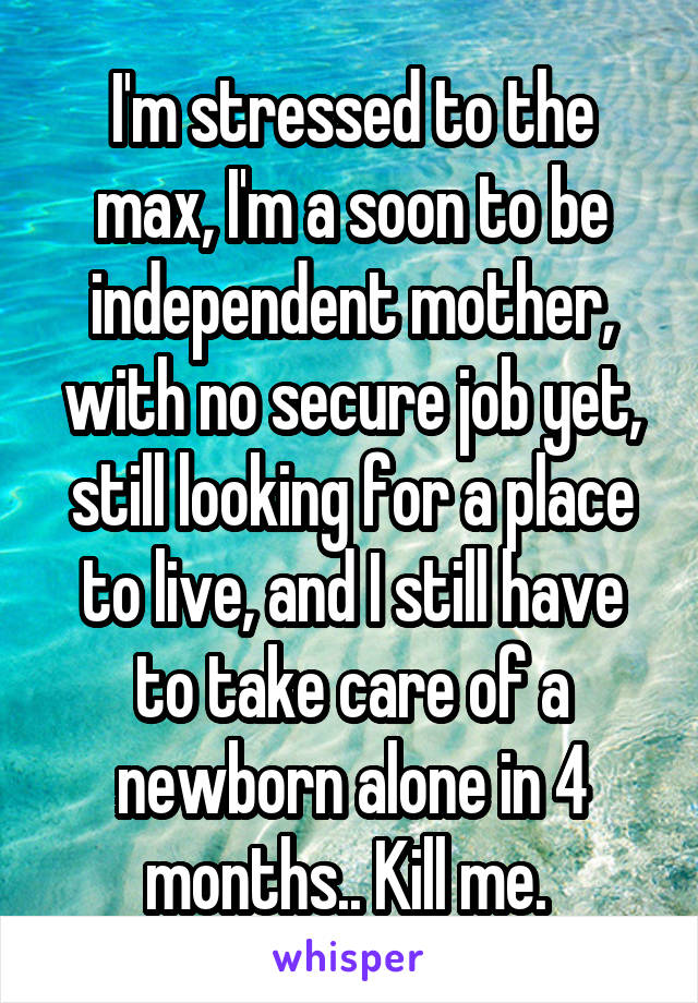 I'm stressed to the max, I'm a soon to be independent mother, with no secure job yet, still looking for a place to live, and I still have to take care of a newborn alone in 4 months.. Kill me. 