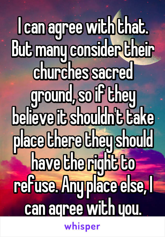 I can agree with that. But many consider their churches sacred ground, so if they believe it shouldn't take place there they should have the right to refuse. Any place else, I can agree with you.