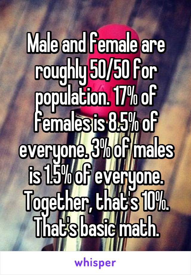 Male and female are roughly 50/50 for population. 17% of females is 8.5% of everyone. 3% of males is 1.5% of everyone. Together, that's 10%. That's basic math.