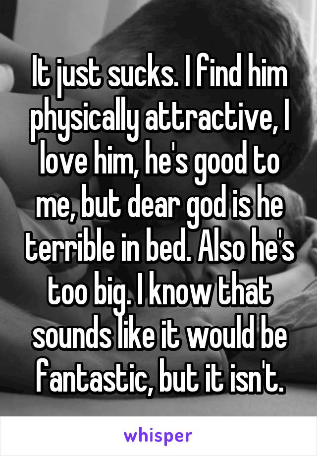 It just sucks. I find him physically attractive, I love him, he's good to me, but dear god is he terrible in bed. Also he's too big. I know that sounds like it would be fantastic, but it isn't.