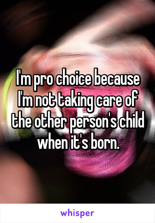 I'm pro choice because I'm not taking care of the other person's child when it's born.