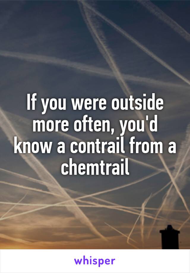 If you were outside more often, you'd know a contrail from a chemtrail