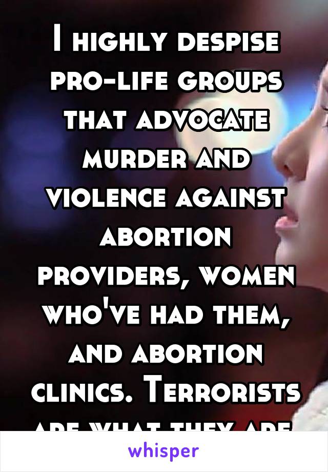 I highly despise pro-life groups that advocate murder and violence against abortion providers, women who've had them, and abortion clinics. Terrorists are what they are.