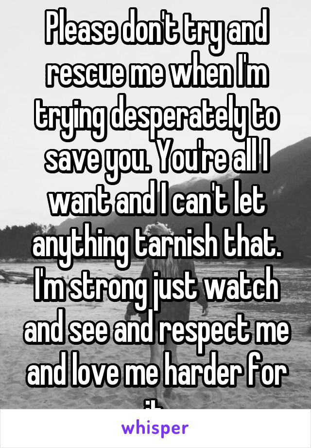 Please don't try and rescue me when I'm trying desperately to save you. You're all I want and I can't let anything tarnish that. I'm strong just watch and see and respect me and love me harder for it.